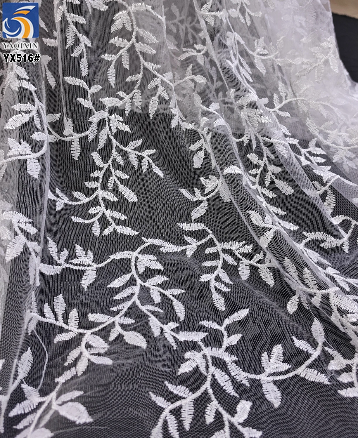 YX516 New Trend Style Willow Leaf Pattern Embroidery White Fabric Polyester Embroidered Mesh Fabric - 图片 4