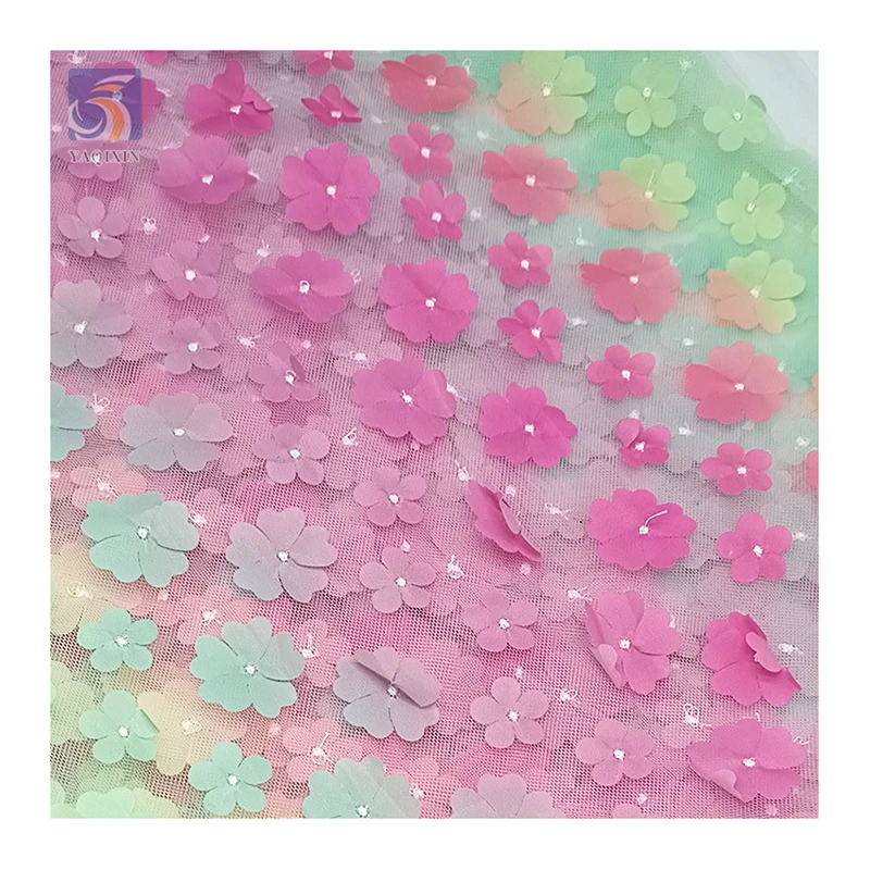TDS001-2 Ombre 3D Tulle Fabric Hot Sales 100% Polyester with Embroidered Floral Colored Design for Girls' Garments - 图片 3