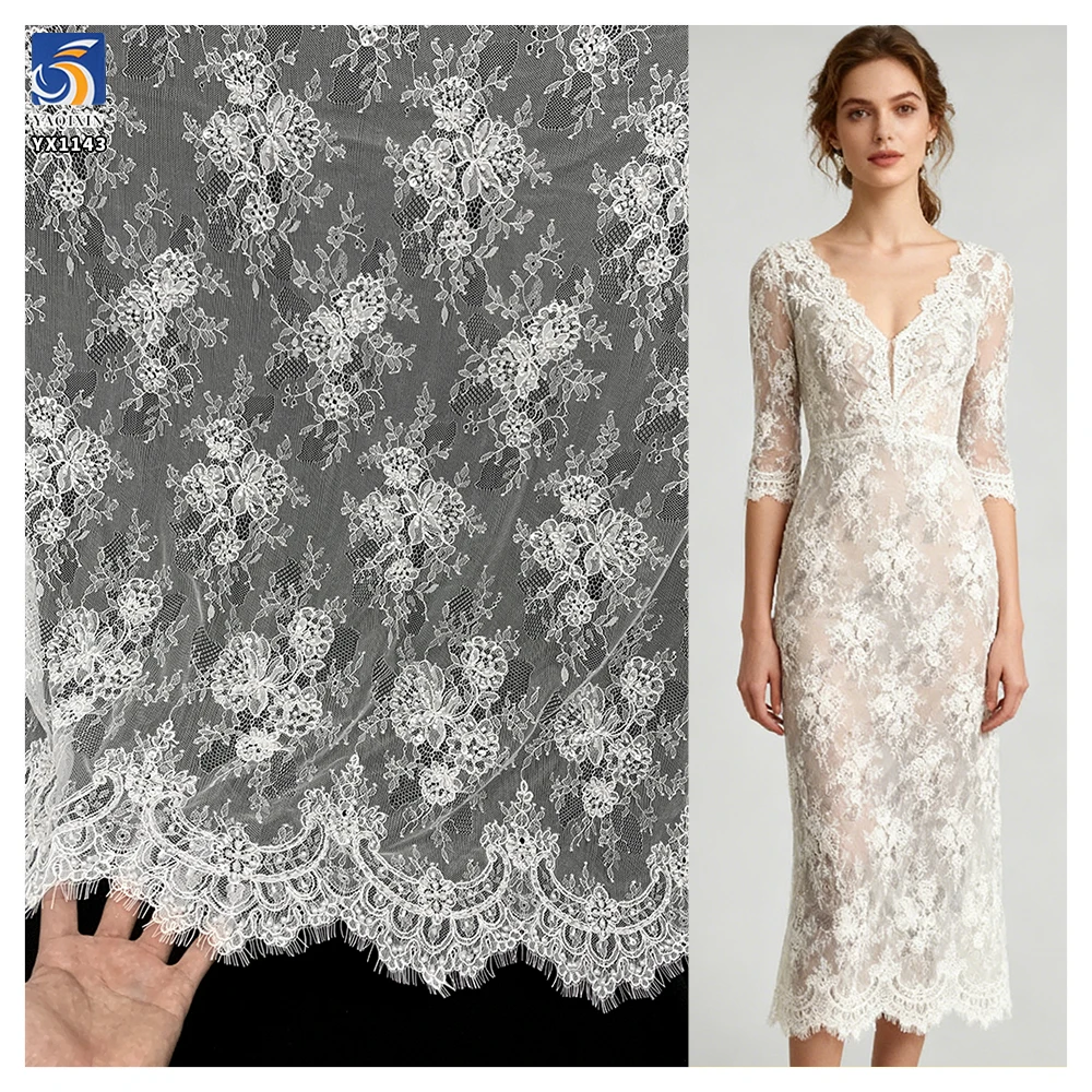 YX1143 300*150CM High Quality Embroidered Silver Pearl Sequins Plywood Eyelash French Lace Fabric for Bride's 15 Yards Wedding