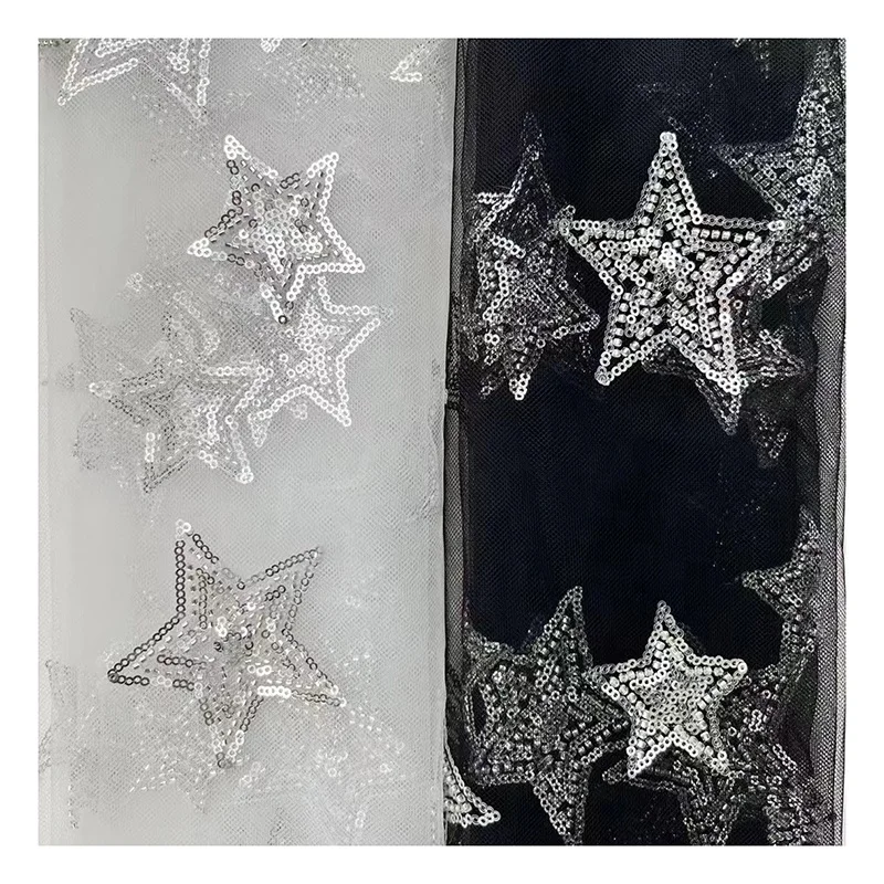 Classic Custom Black/White Tulle Silver Stars Sequins Net Fabrics - 图片 3