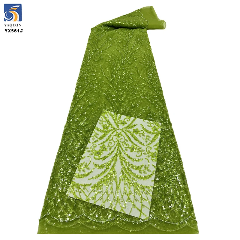 YX561 Africa 2025 Latest Nigerian Lace Fabric Olive Green Shiny Sequins Lace Fabric for Women Paris Catwalk - 图片 4