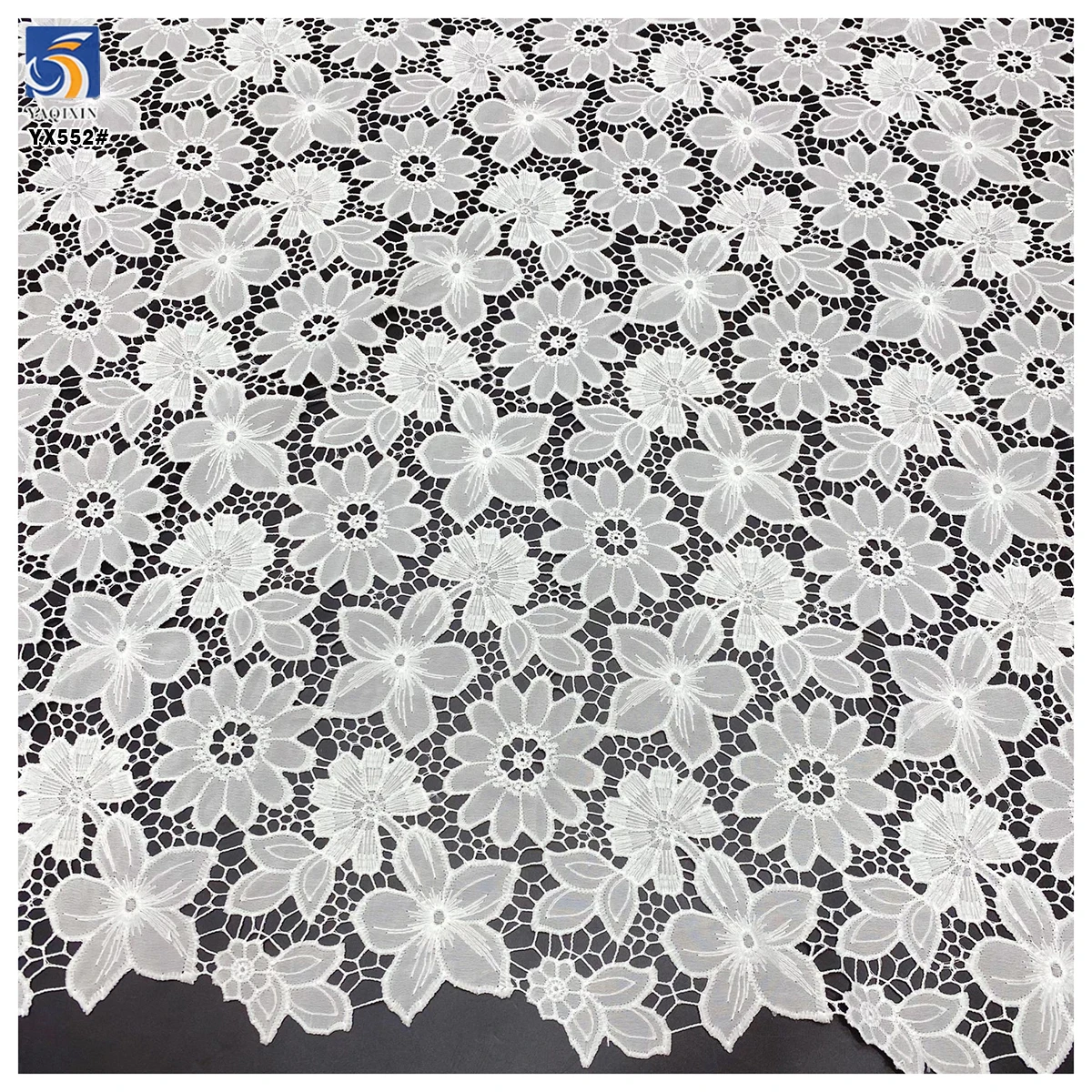 YX552 Custom All Over Laser Hollow Embroidered Milk Silk Lace Fabric 100% Polyester Florals White Embroidery Fabric - 图片 5