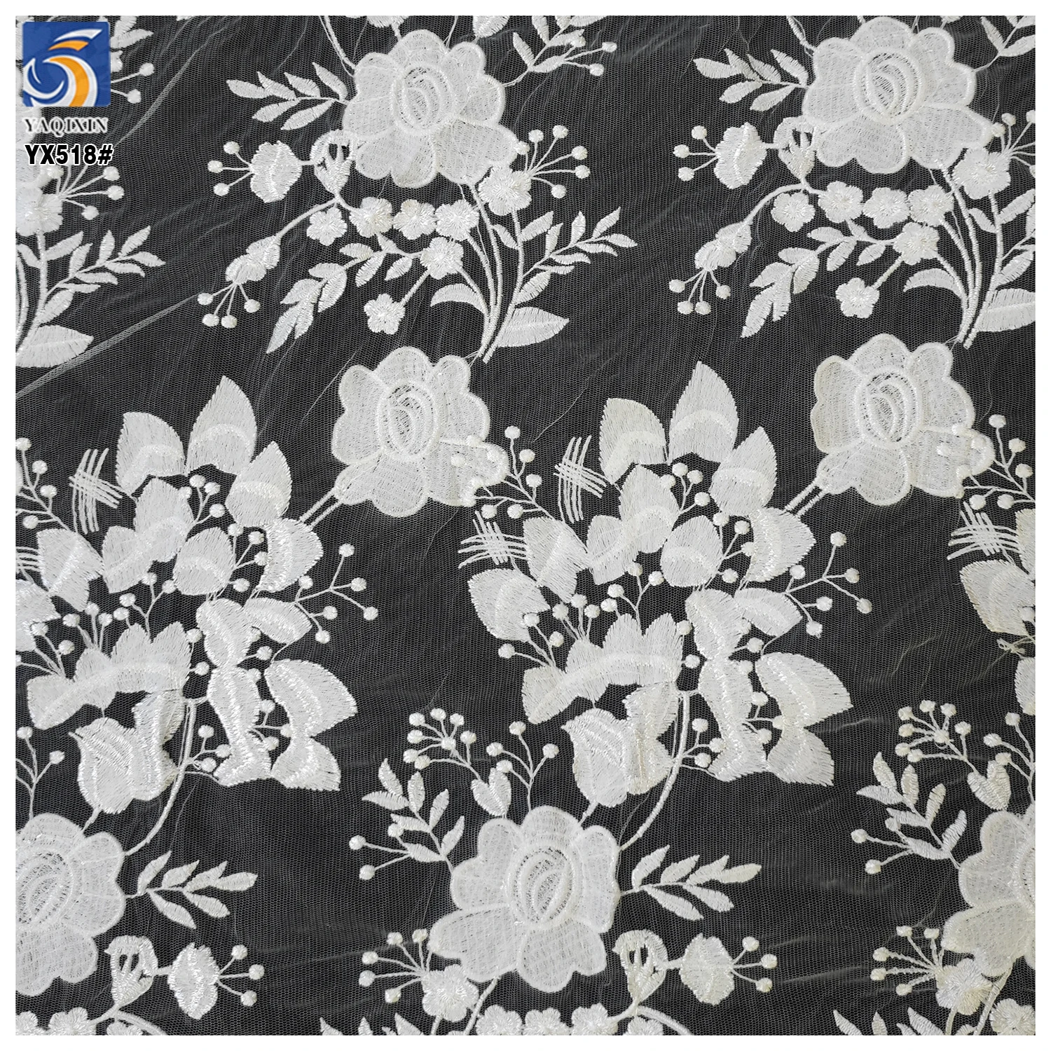 YX518 2025 New Design Custom 100% Polyester Soft Pure White Flowers Tulle Embroidery Bridal Fabric - 图片 3