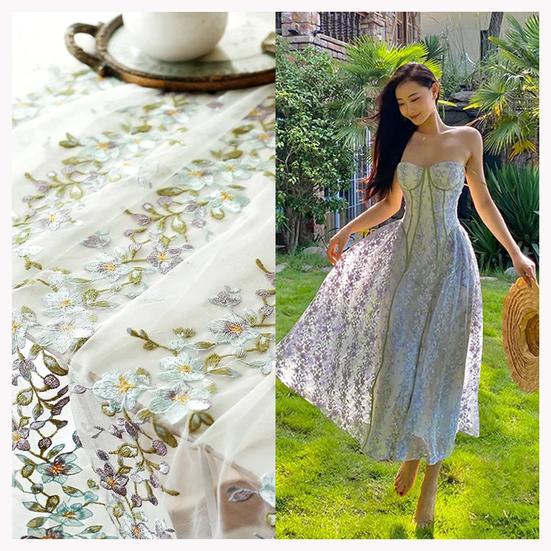 2024 New Arrival Embroidered Flower Fabric Tulle Lace Fabric With Flower Tulle Dress Embroidery Fabric