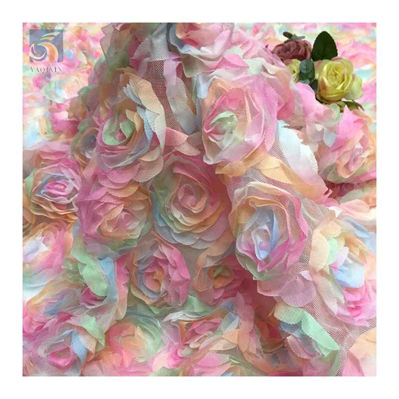 YX2725 New Design 2026 Multi-Color Gradient 3D Flower Embroidery Tulle Fabric With 3D Roses - 图片 6