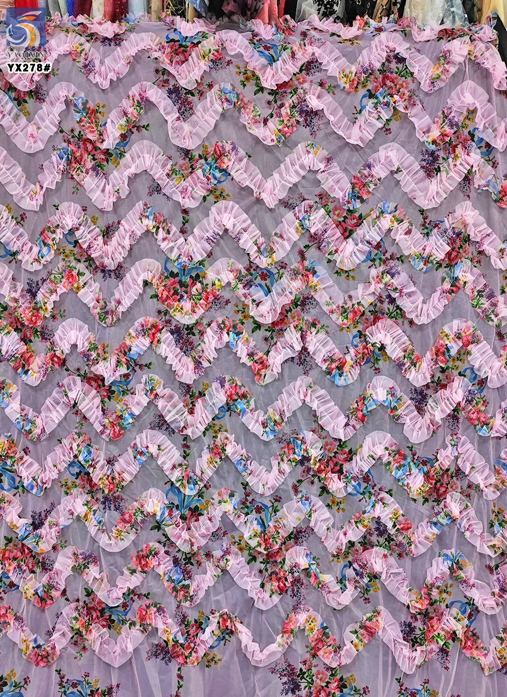 YX278 New Design China 100% Polyester Colorful Digital Printed Mesh Embroidery Pleated Ruffle Tulle Fabric for Tutu - 图片 4
