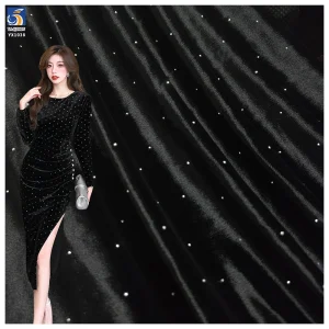YX1038 180gsm High Quality Spandex Stretch Velvet Knitted Fabric Black With 3D Diamonds Stone Elastic Evening Dress Fabric