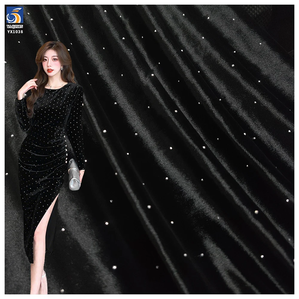 YX1038 180gsm High Quality Spandex Stretch Velvet Knitted Fabric Black With 3D Diamonds Stone Elastic Evening Dress Fabric