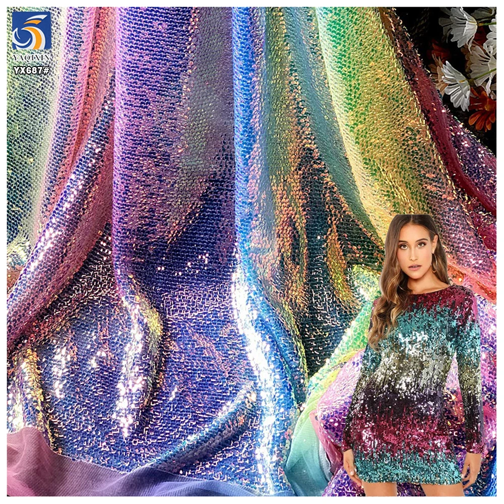 YX687 Fantasy Polyester Laser Embroidery Rainbow Sequin Fabric Shiny Mesh Lace Sequins Fabric for Performance Costumes - 图片 2