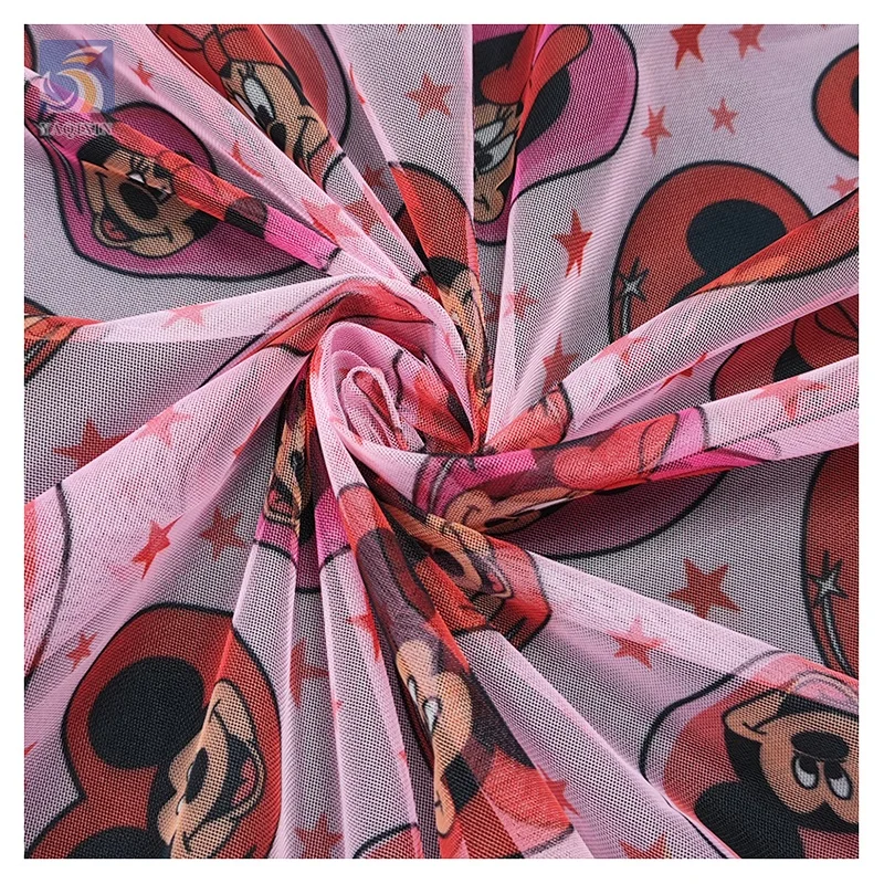 YX2571 Valentine's Day Tulle Fabric Mickey Heart Pattern Polyester Fabric Cartoon Printed Mesh Tulle Fabric for Children - 图片 5