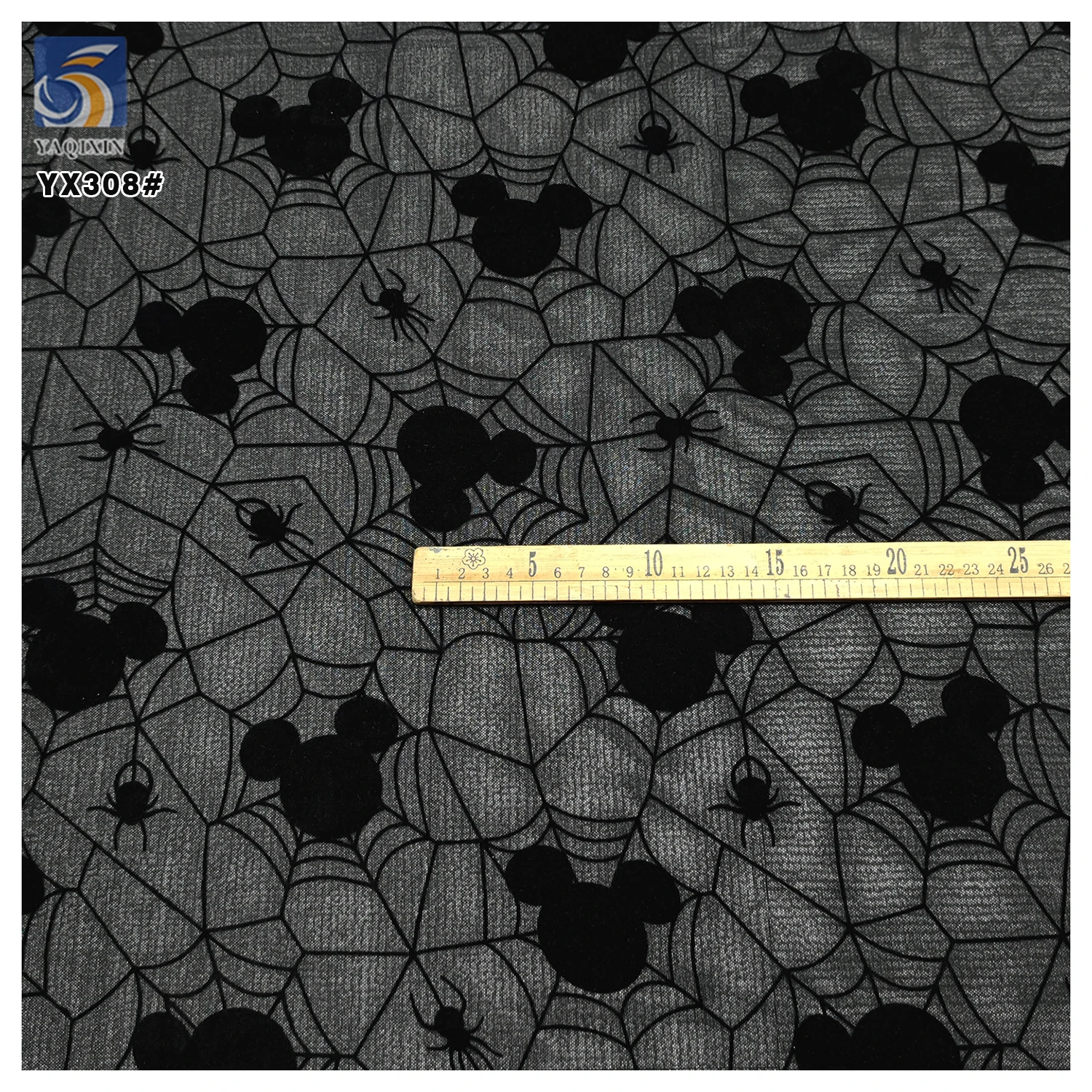 YX308 2025 Cartoon American Spider Web Mouse Pattern Tulle Fabric Soft Flocked Stretch Mesh Pure Black Fabric - 图片 4