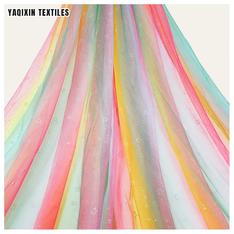 Yaqixin Unique Design New Style Rainbow Print Polyester Fabric Illusion Mesh Tulle Stage Costumes Dress Fabric by the Rolls - 图片 5