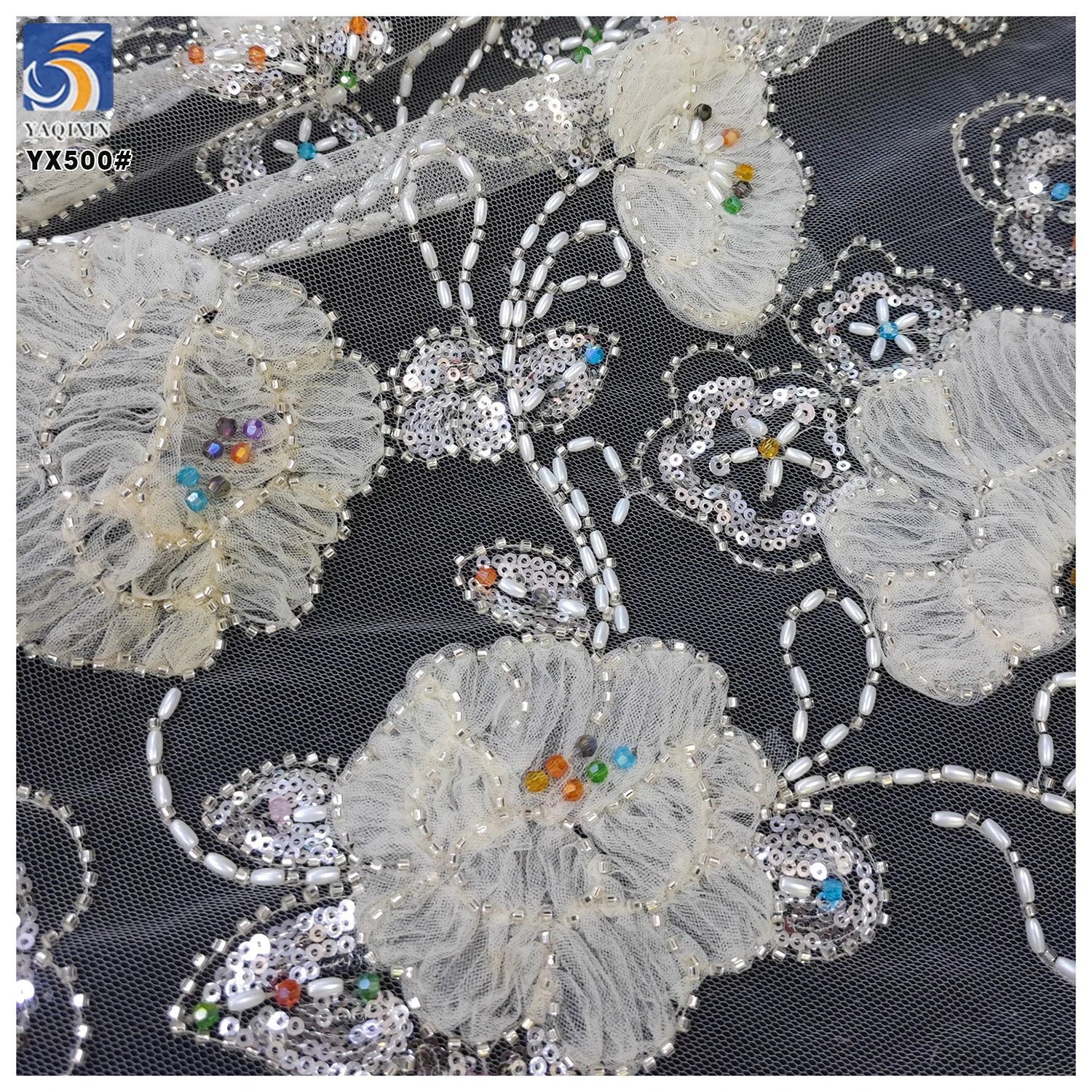 YX500 Latest Colorful Beaded Mesh Fabric 3D Polyester White Tube Beads Embroidery 3D Flower Knitting Mesh Tulle Fabric - 图片 5