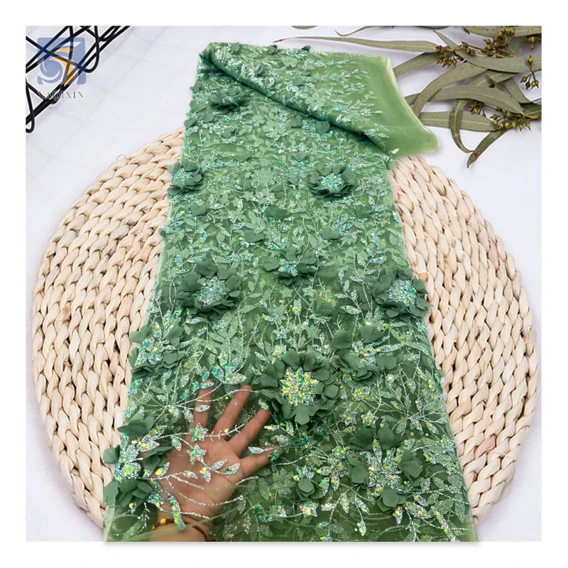 New Arrival China Wholesale Lace Fabric Forest Emerald Green Lace Fabric Sparkly Floral 3D Glitter Lace Fabric - 图片 4