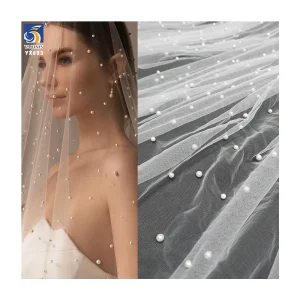 YX893 China Custom 3 Meters White Wedding Tulle Fabric Soft 3D Pearls Tulle Mesh Fabric for Bridal Wedding Veil Dress