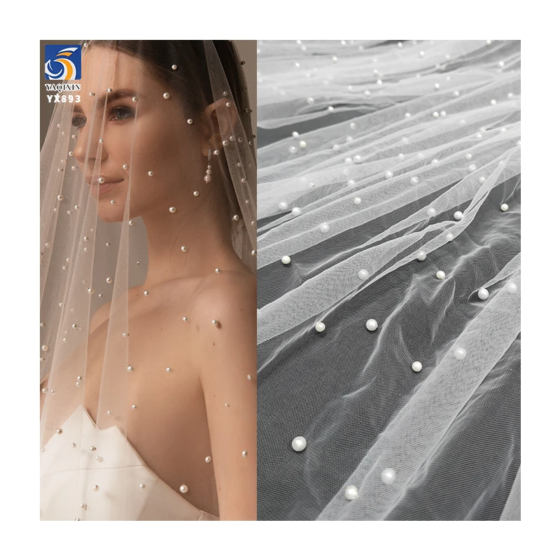YX893 China Custom 3 Meters White Wedding Tulle Fabric Soft 3D Pearls Tulle Mesh Fabric for Bridal Wedding Veil Dress