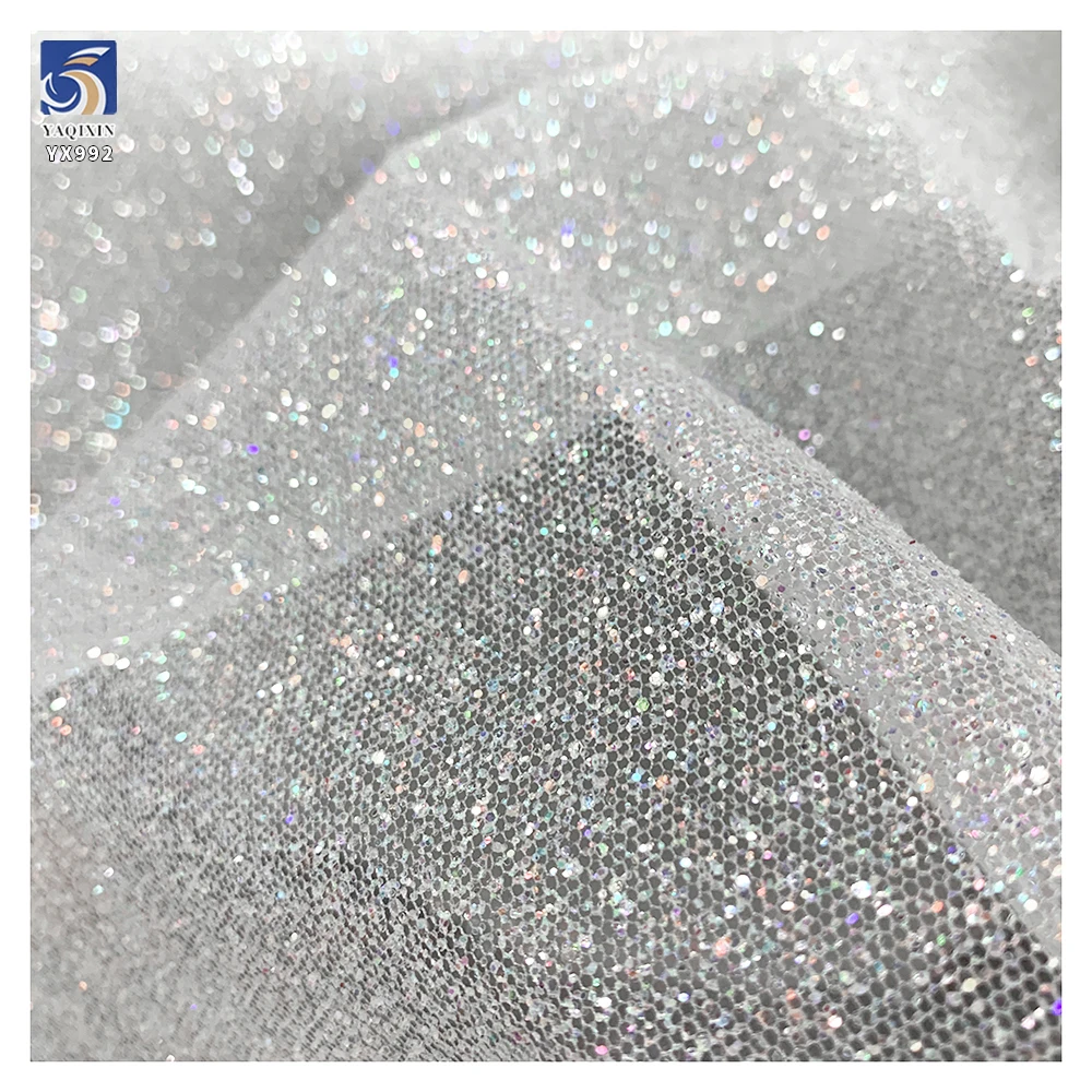 YX992 2026 Holographic Super White Dust Glitter Tulle Fabric Soft Flash Spark Glitter Mesh Wedding Bride Fabrics Wedding - 图片 5