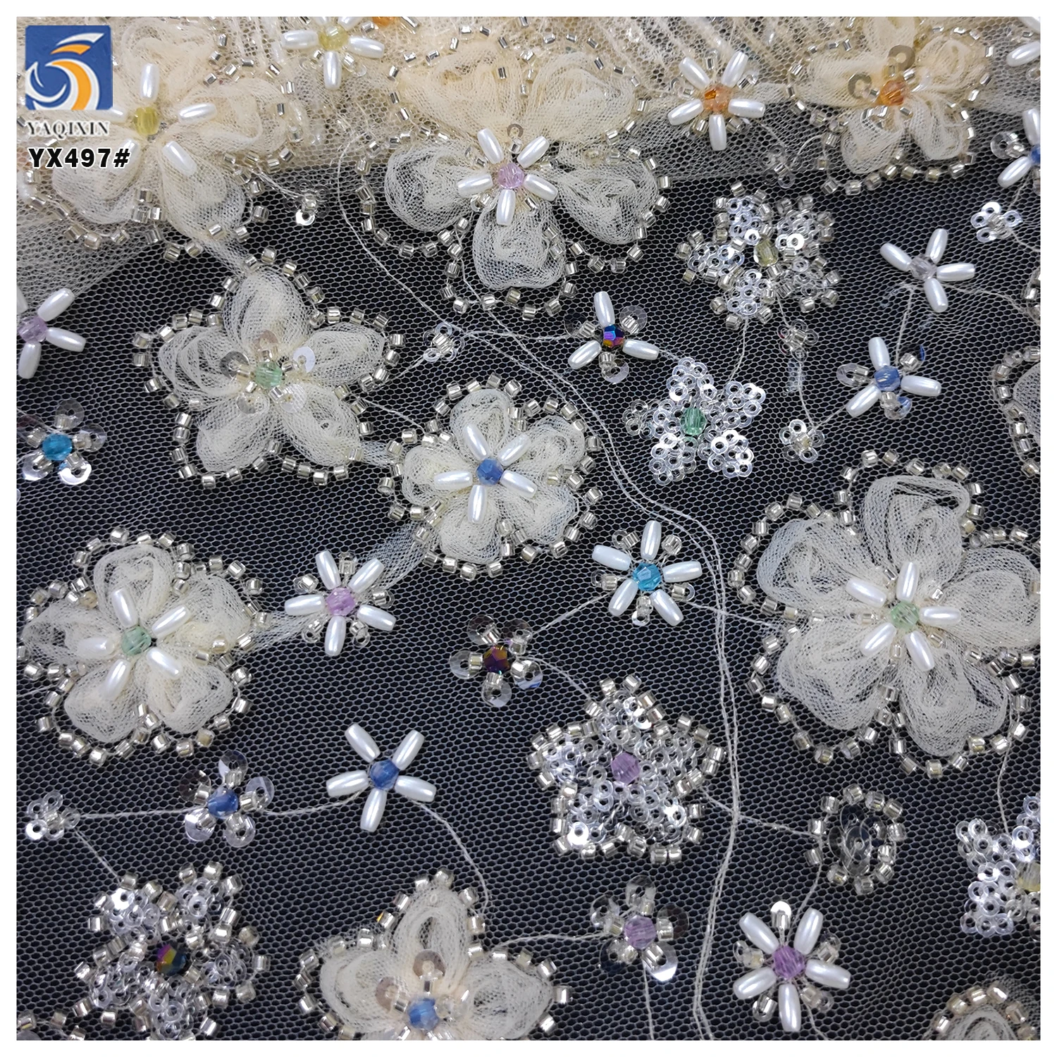 YX497 Wedding Beige Knitted Mesh Lace Fabric Beaded Tube Sequin Floral Embroidered Mesh Tulle Net Fabric - 图片 3