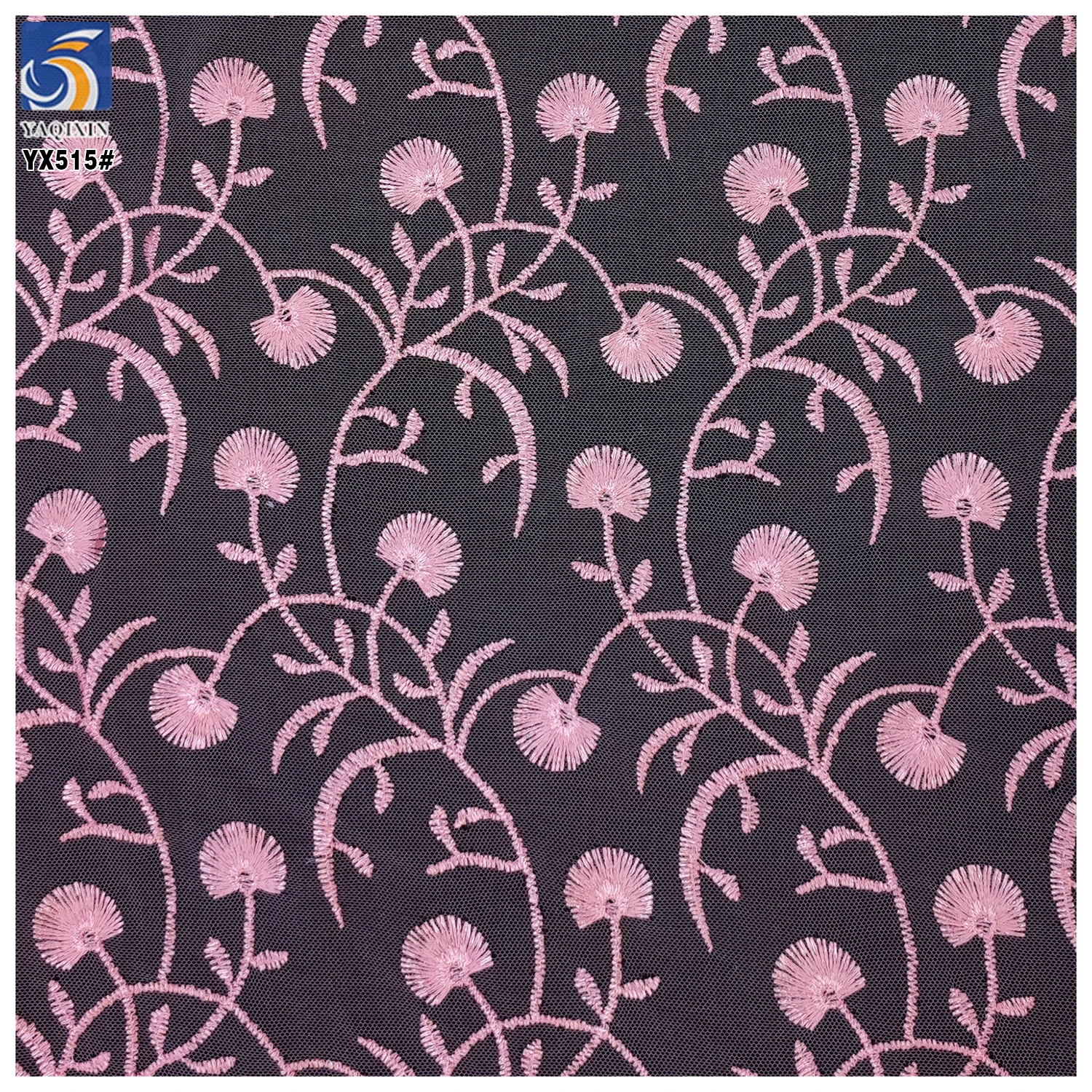YX515 Cute Pink Floral Embroidered Girl Net Fabric 2025 Customized Polyester Mesh Fabric Embroidery - 图片 4