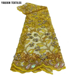 New Trend Luxury Austria African Burnt Orange Lace Fabric Flower Leaf Design Crystal Sequin Embroidery Lace Fabric