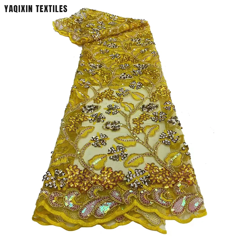 New Trend Luxury Austria African Burnt Orange Lace Fabric Flower Leaf Design Crystal Sequin Embroidery Lace Fabric