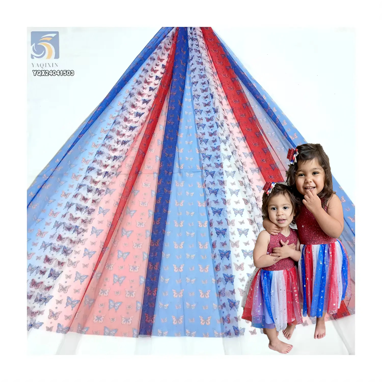 American Independence Day Custom Butterfly Pattern Soft Polyester Gradient Digital Print Tulle Fabric