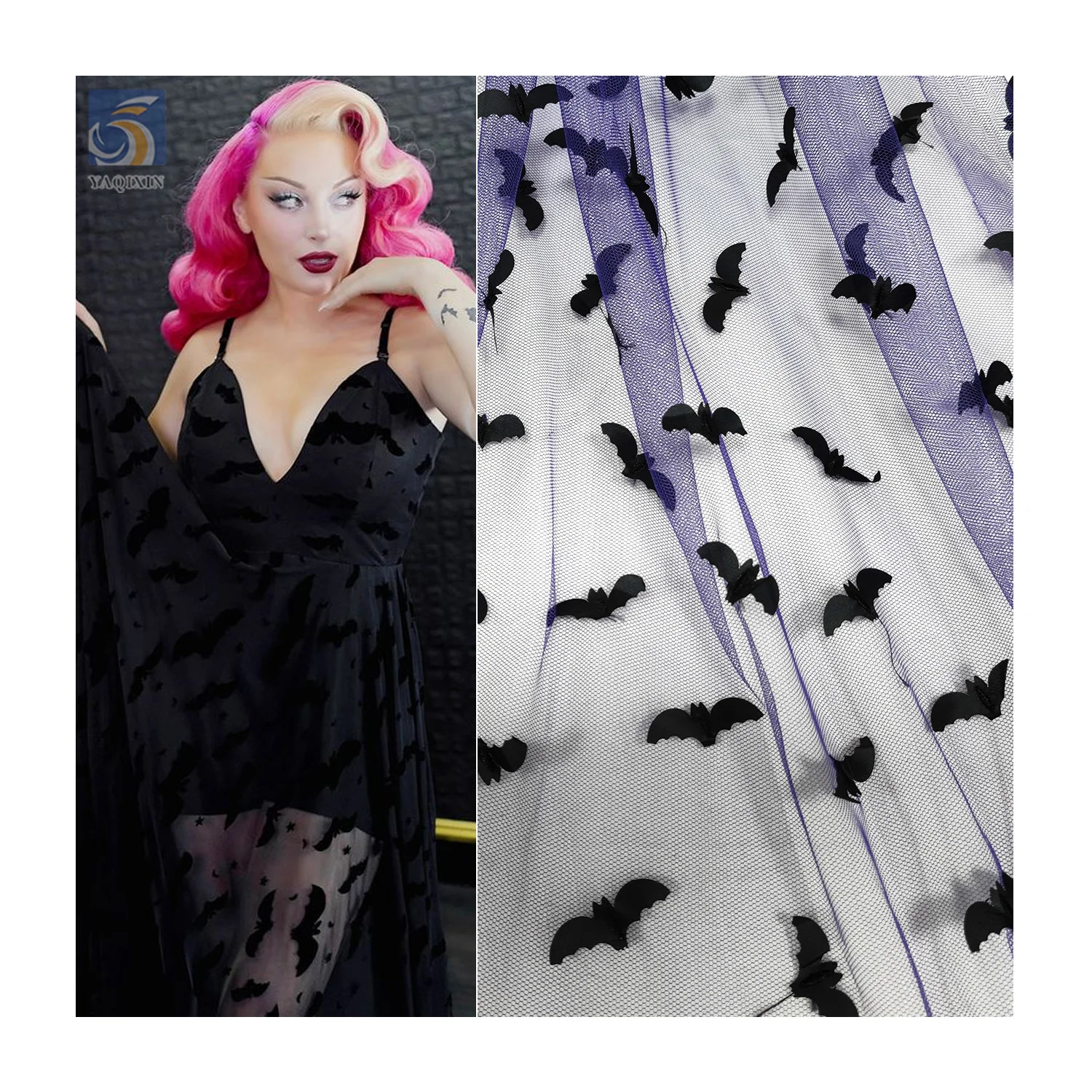 YX2264-1 New Fashion Halloween Fabric Textile Black Bat 3D Embroidery Dress Mesh Fabric Soft Tulle 100 Polyester Fabric