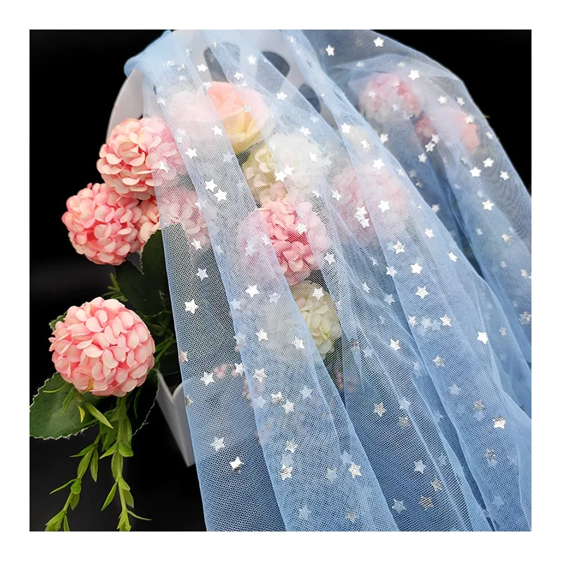 KT14 Sky Blue Soft Polyester Mesh Fabric Tulle with Silver Star Printing Tulle Netting Fabric for Girl's Dress - 图片 3