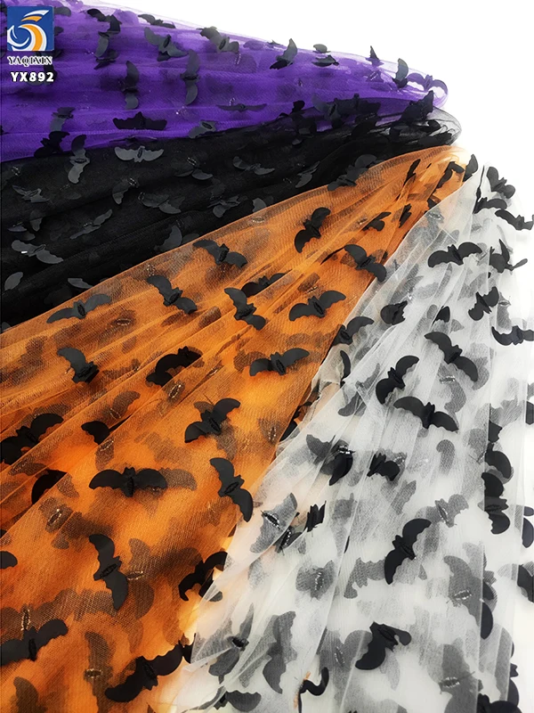 YX892-1 Holidays Tulle Purple/Orange Embroidered Halloween Bat Mesh Tulle Fabric for Girls Skirt Decoration - 图片 3