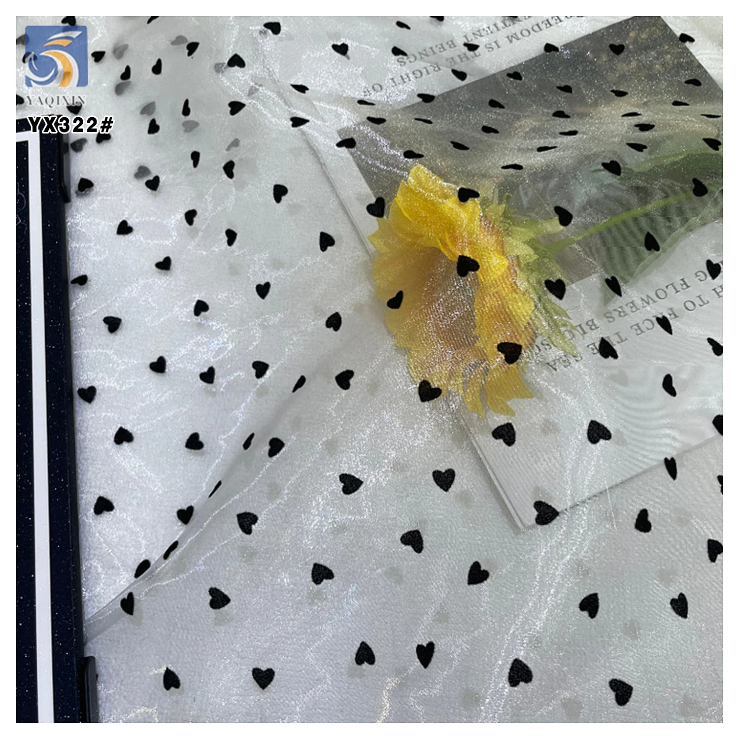 YX322 New Arrival Fluffy Stiff Polyester Shiny Organza Black Flocked Heart Fabric for Headpieces Dresses - 图片 3