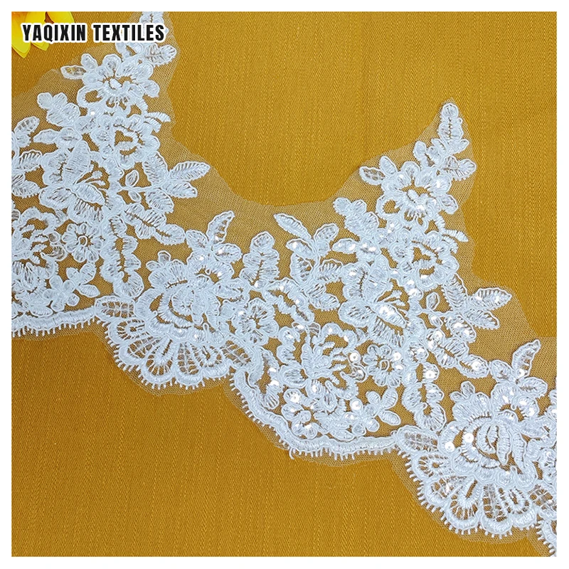 KFE004 Handmade 18cm Wide Sequin Embroidered Lace Trim White Wedding Dress Accessories Lace Trim - 图片 2