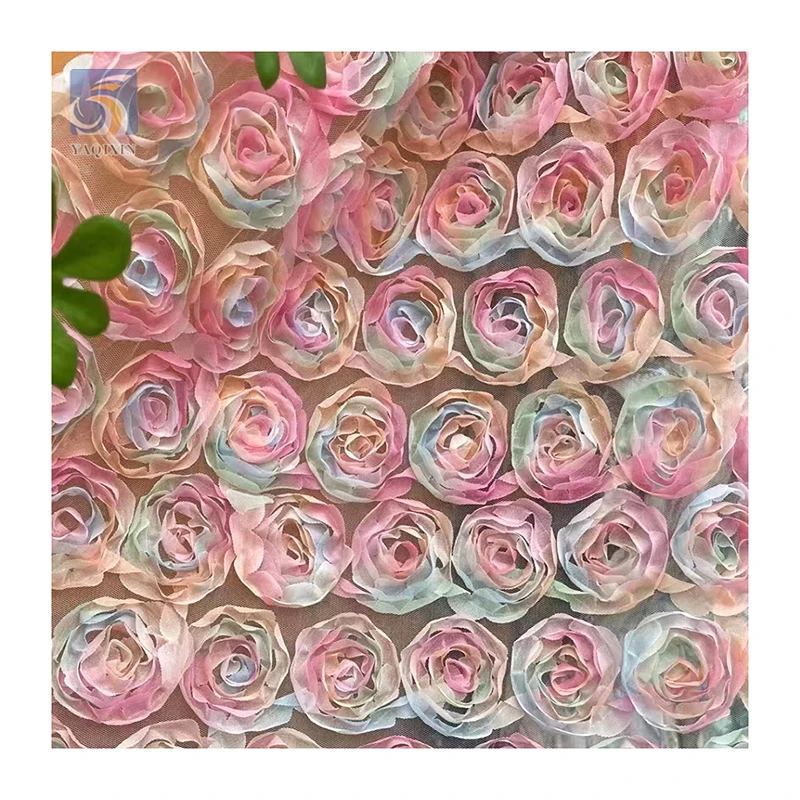 YX2725 New Design 2026 Multi-Color Gradient 3D Flower Embroidery Tulle Fabric With 3D Roses - 图片 3