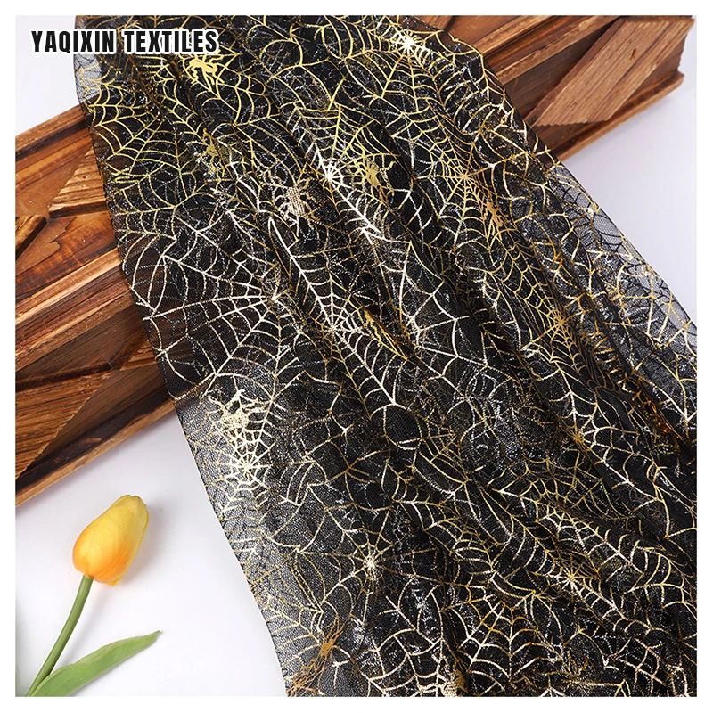 New Pumpkin Bat Spider Web Printed Tulle Mesh Fabric Black Polyester Gold Silver Glitter Print Tulle Fabric Halloween - 图片 4