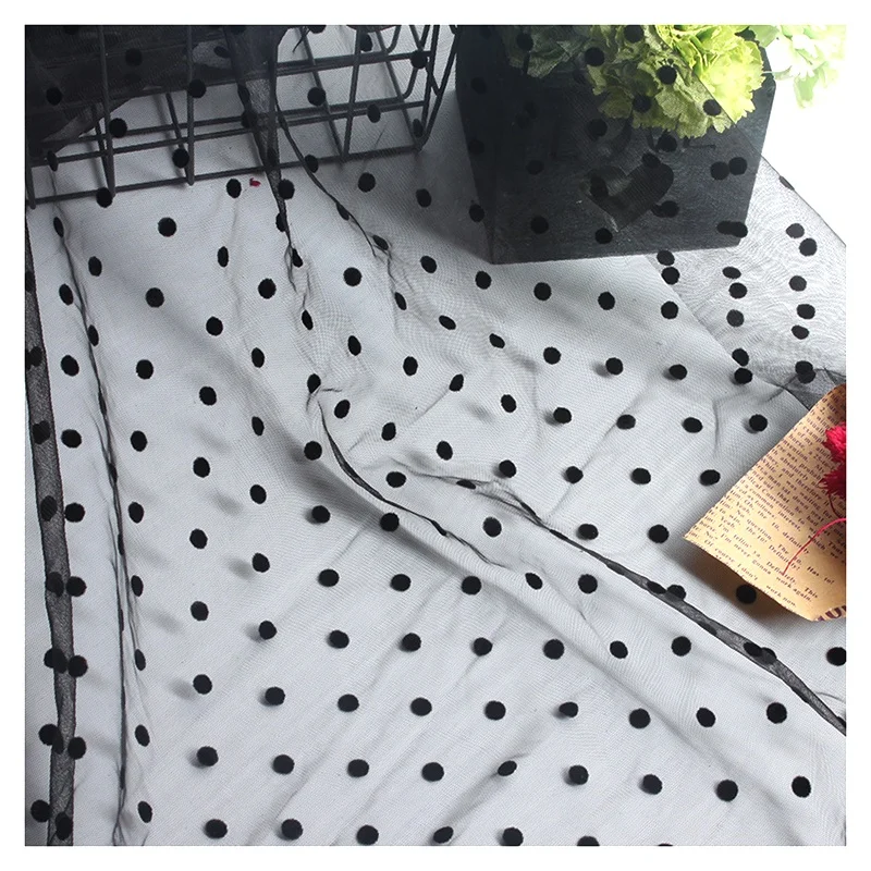 0.8CM/1.5CM Soft Polyester Tulle Black Swiss Polka Dot Flocking Mesh Tulle Fabric for Casual Dress - 图片 4