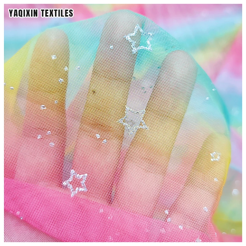 Yaqixin Unique Design New Style Rainbow Print Polyester Fabric Illusion Mesh Tulle Stage Costumes Dress Fabric by the Rolls - 图片 4
