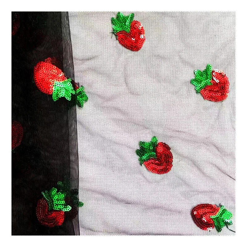 Lovely Strawberry Embroidery Tulle Fabric Sequin Tulle Strawberry Sequin Embroidered Mesh Fabric - 图片 6