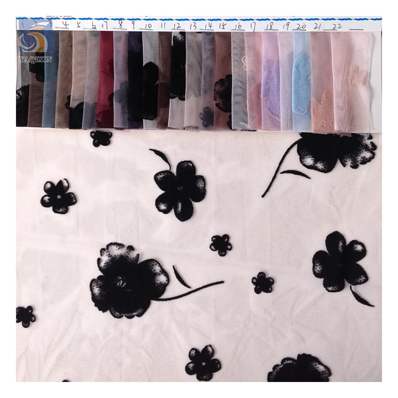 Valentine's Day Design New Arrival Sheer Organza Fabric with Black Flocked Floral Pattern Organza for Ladies - 图片 3