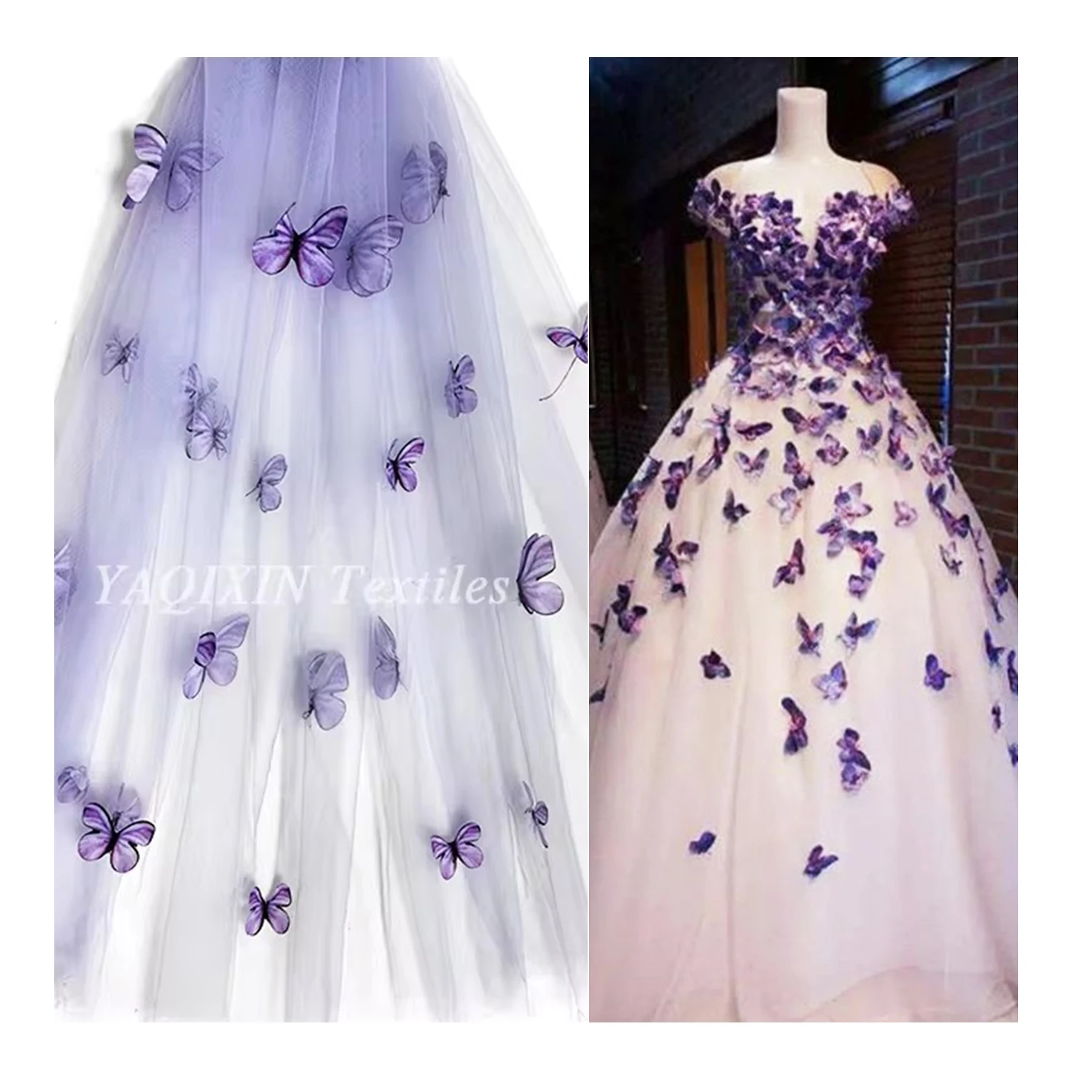 Purple 3D Butterfly Embroidery Lace Fabric for Dress Gradient Color Butterfly Tulle Mesh Fabric for Garment - 图片 3