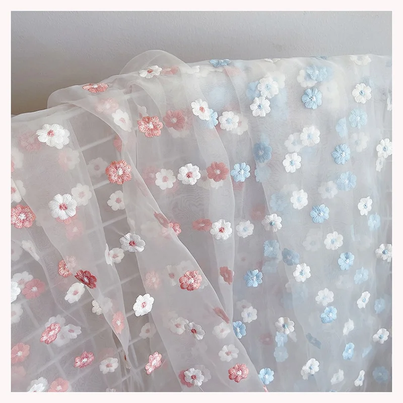 2025 Hot Pink White Two-Color Floral Organza Embroidered Fabric Lace Women Bouffant Dress Fabric - 图片 6