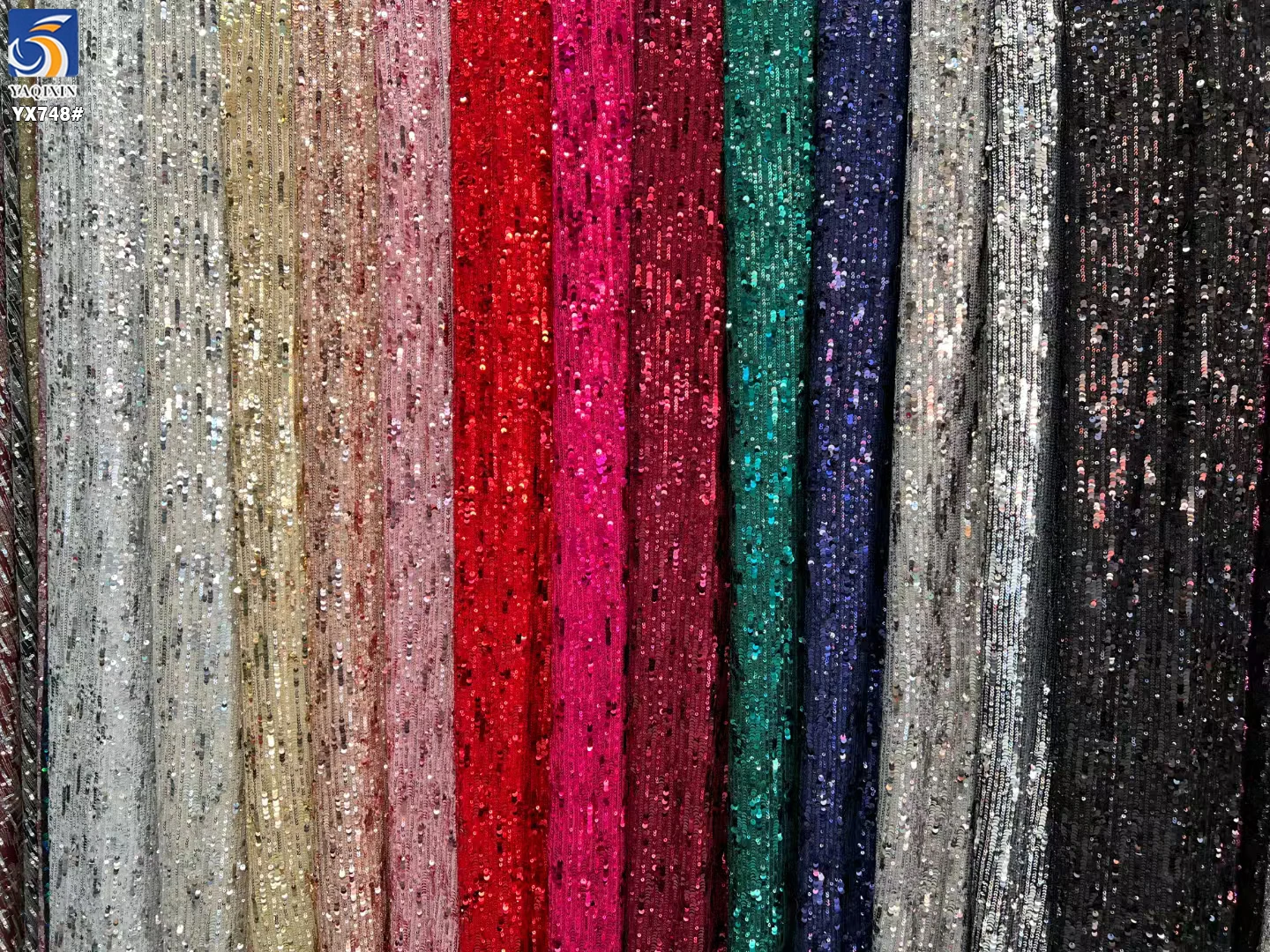 YX748 250gsm Elastic Mesh Embroidery 3MM+5MM Straight Metallic Sequin Fabric Fashionable Women's Skirts Sequin Fabric - 图片 6
