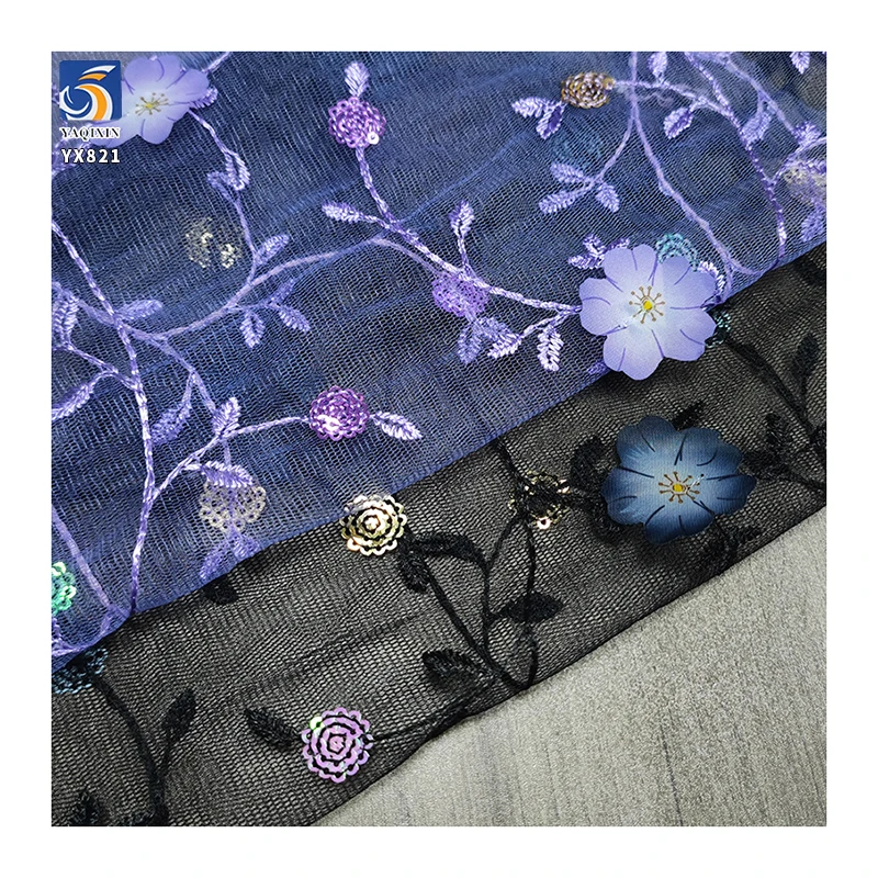 YX821 Purple Romantic Style 3D Small Florals Embroidery and Sequins Mesh Tulle Fabric for Girls Skirts Clothing Toys - 图片 5