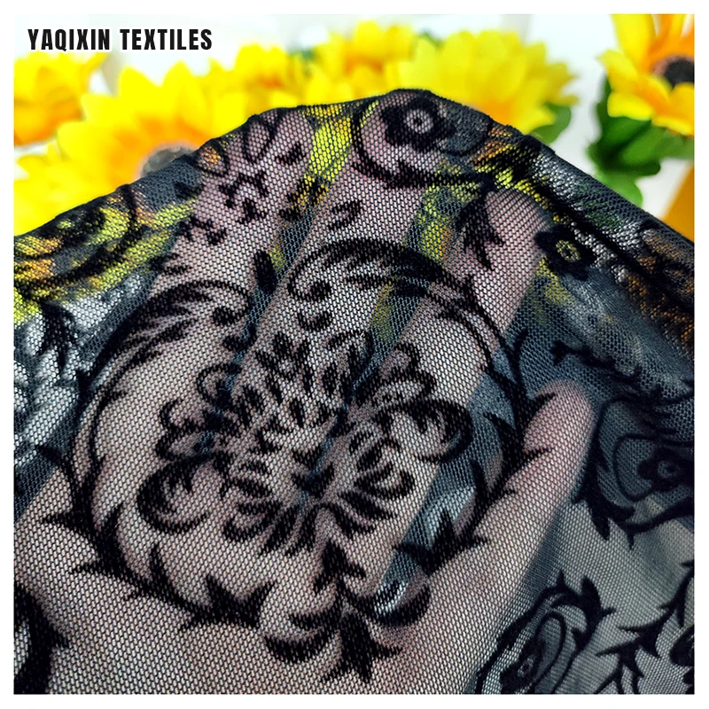 Designer New Custom 4 Way Stretch Clothing 95 Polyester 5 Spandex Flocked Mesh Fabric in Black - 图片 6