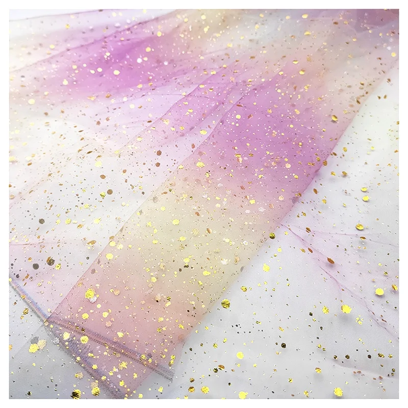 DX152 Rainbow Gradient Polka Dot Digital Foil Printed Glitter Gauze Fabric Party Dress Cloth - 图片 5