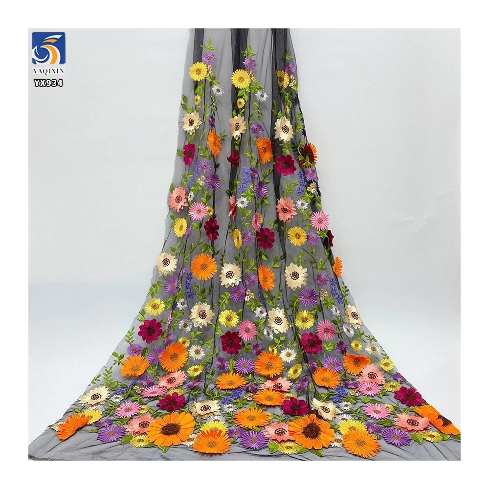 YX934 2026 Three-Dimensional Yarn-Dyed Chrysanthemum Embroidery Fabric Colorful Big Flowers Tulle Mesh 3D Embroidery Fabric - 图片 6