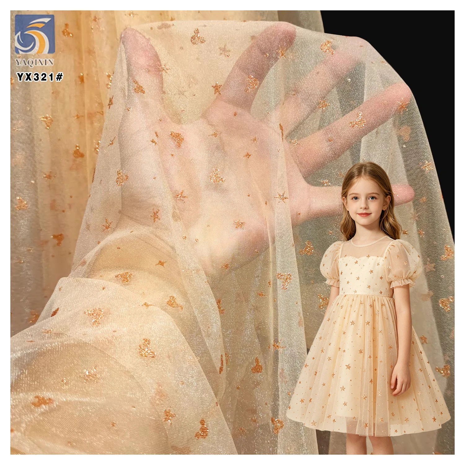 YX321 Latest Design 100% Polyester Glossy Tulle with Glitter Dust and Mickey Star Pattern Mesh Tulle Fabric