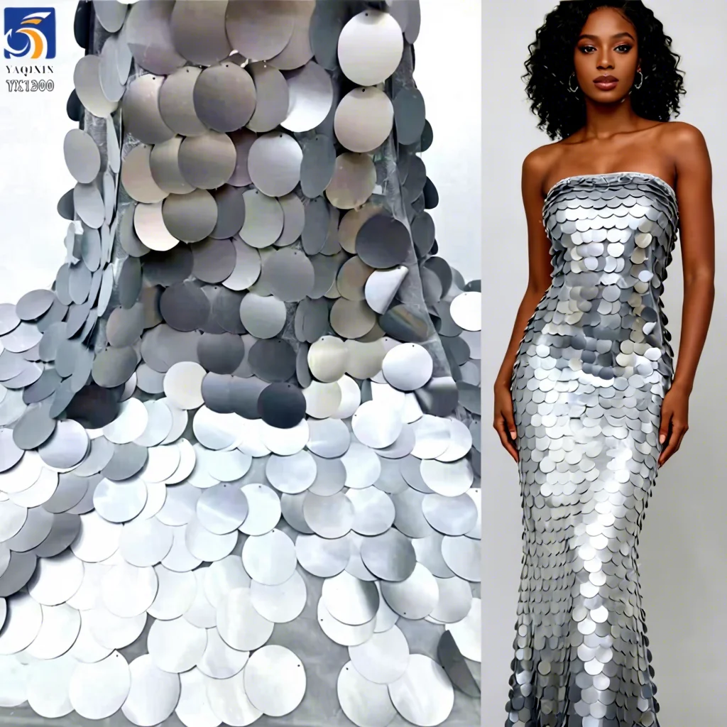 YX1300 High Quality Embroidery Round Sequins Fabrics 300gsm Heavyweight 60mm Silver Sequin Fabric for Nigerian Formal Wear