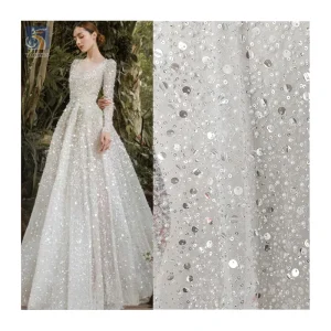 Hot Sale Diamond Crystal White Glitter 3D Beaded Lace Fabric Shiny Sequin Lace Fabric for Wedding Dress