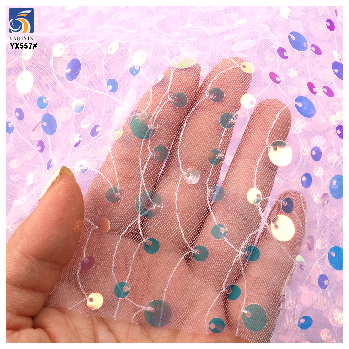 YX557 2025 New Design Multi-Color Polyester Embroidery Mesh Sequin Fabric Transparent Sequins 9 mm 5 mm Fabric - 图片 4