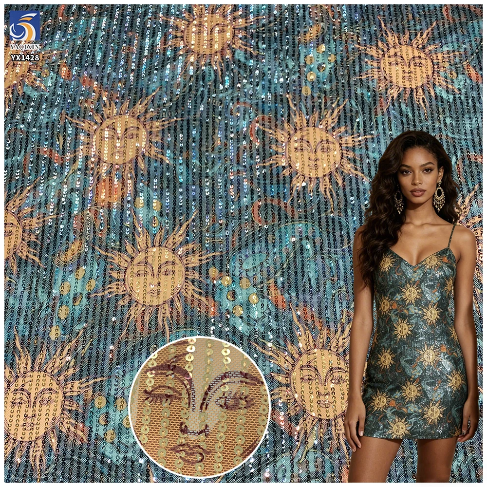YX1428 RTS 180gsm New 2026 Sun Face Sunflower Printed Sequin 4 Way Stretch Net Mesh Fabric 140cm for Evening Gown
