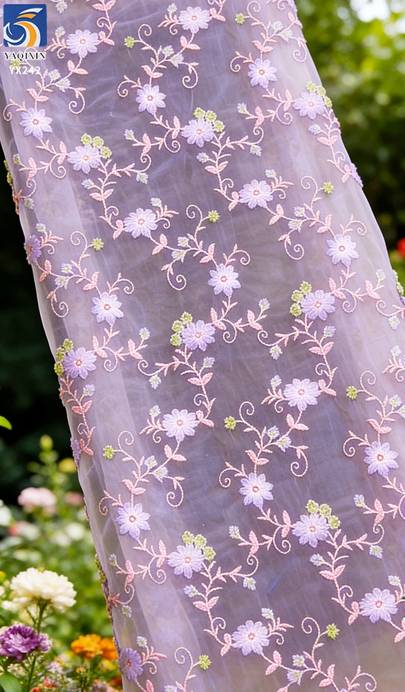 YX242 Multicolor Maple Leaf Custom 100% Polyester Tulle Floral Embroidered Net Fabric Wholesale - 图片 4